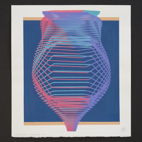 An abstract painting produced by a robotic pen plotter using a generative algorithm. Layered hexagonal forms of red, teal, and purple on top of a blue and tan background on white paper.