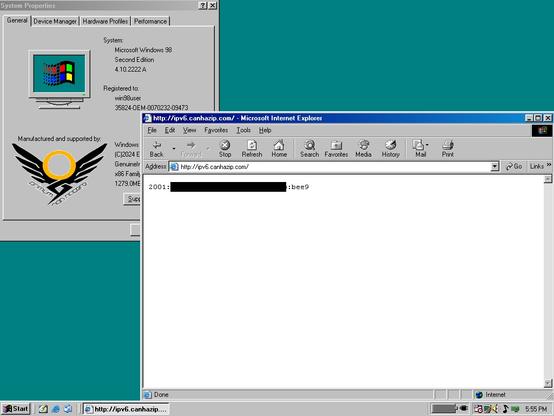A screenshot of Windows 98 and Microsoft Internet Explorer, connected to "http://ipv6.canhazip.com/" showing the machine's IPv6 address.