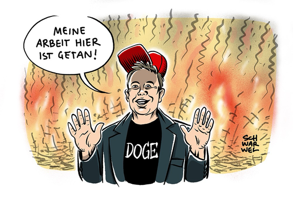 Elon Musk mit MAGA-Hut und DOGE-Shirt steht vor einer rauchenden, brennenden Trümmerlandschaft und sagt: MEINE ARBEIT HIER IST GETAN!“ (Credit: Schwarwel)