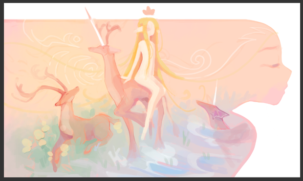 It's an illustration of a fairy sitting on a Chimera. This Chimera is a mix between a hound dog, a deer and a unicorn.
All the illustration is bright and colorful.