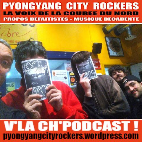Flyer du podcast #390 de Pyongyang City Rockers.
A l'image, une belle équipe de zouaves, les deux du milieu cachant leur hideux visage derrière des exemplaires du numéro 2 du zine Réveil Forcé !