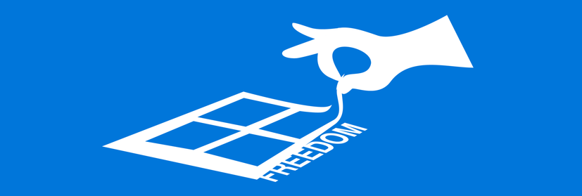 Illustration of a windows sticker being removed. Under the sticker the word "Freedom" appears. The illustration has a Windows-like blue tonality