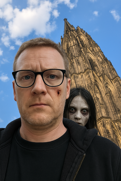 Mann mit Brille und Wunde im Gesicht steht vor Kölner Dom, während eine geisterhafte Gestalt hinter ihm auftaucht.