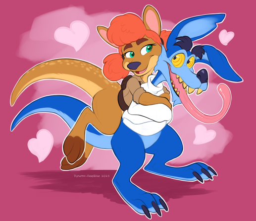 An illustration by Dynamo-Deepblue of Sheila the kangaroo (Spyro the Dragon, the Reignited design specifically) and Ripper Roo (Crash Bandicoot). Sheila is leaping and hugging Ripper Roo from behind, looking at him with a sweet smile on her face. Ripper Roo is looking back at her with a similarly excited smile with his tongue flying out of his mouth. The backdrop is a hot pink with smaller pale pink hearts.