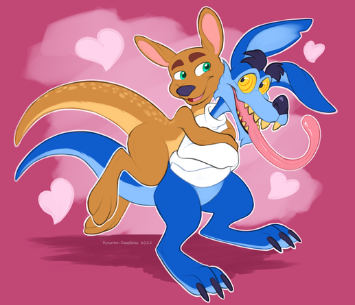 An illustration by Dynamo-Deepblue of Sheila the kangaroo (Spyro the Dragon; this version is of her original design) and Ripper Roo (Crash Bandicoot). Sheila is leaping and hugging Ripper Roo from behind, looking at him with a sweet smile on her face. Ripper Roo is looking back at her with a similarly excited smile with his tongue flying out of his mouth. The backdrop is a hot pink with smaller pale pink hearts.