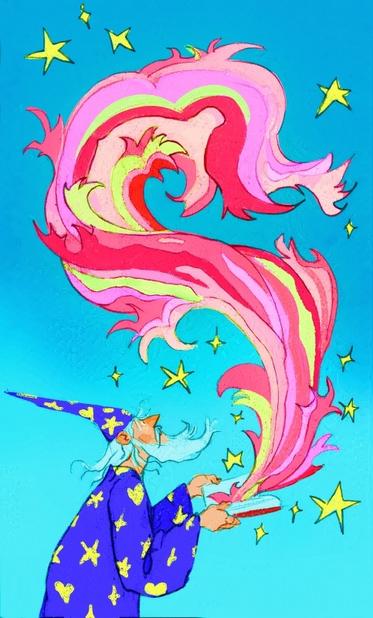 A bearded wizard in a blue robe and pointy hat, with yellow stars and hearts pattern, looks at a magical, multicolored shape emerging from the open book he's holding. The background is a gradient of blue, darker on top and lighter at the bottom.