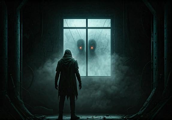 A person wearing a hood looks outside a window where a strange creature lurks