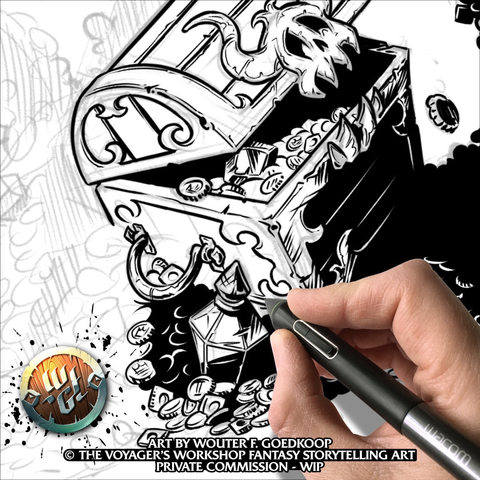 Closeup on a black & white fantasy illustration being inked digitally using Clip Paint Studio. The subject of the drawing seems to be a treasure with coins, vials, gems and a chest.