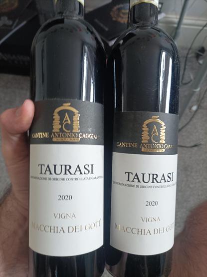 Closeup of two 2020 Taurasi Macchia dei Goti by Cantine Caggiano