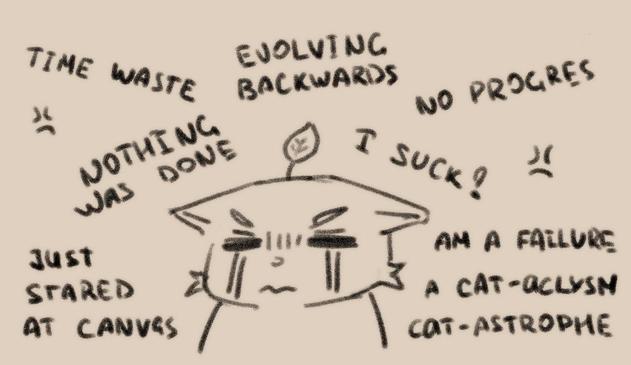 Doodle of my cat OC Nito being all sad and gloomy with thought-lines like "Nothing was done", "I suck!", "Am a failure" and so on floating around him.