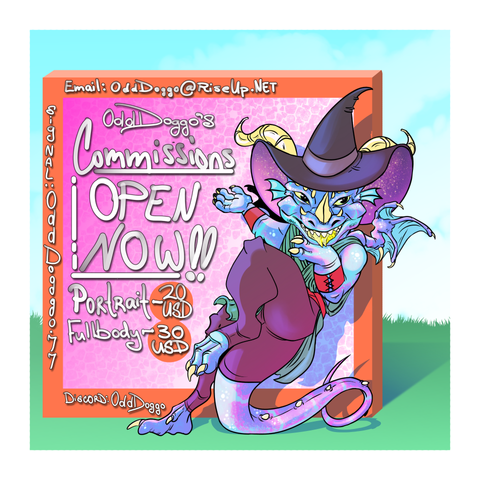 A drawing of Min the kobold in front of a sign explaining Odd Doggo's commissions