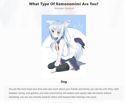 "What Type of Kemonomimi Are You?" quiz results that say I'm puppygirl coded.