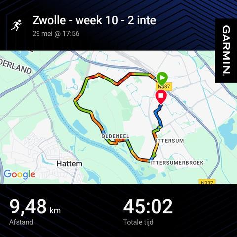 kaartje van Zwolle-Zuid met daarop de gelopen route en daaronder de hardloopstatistieken: 9,48 km in 45 minuten en 2 seconden