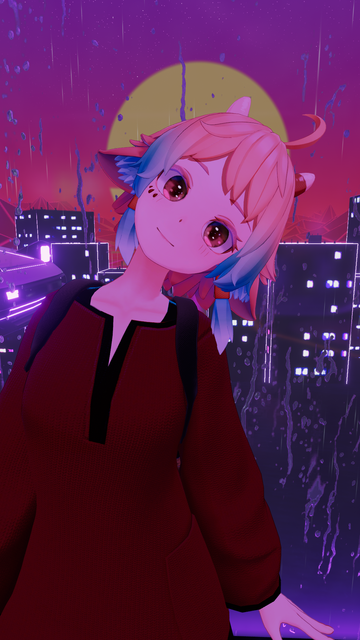 picutre of me tilting my head in a red dress and existing in a synthwave world with an outrun sun