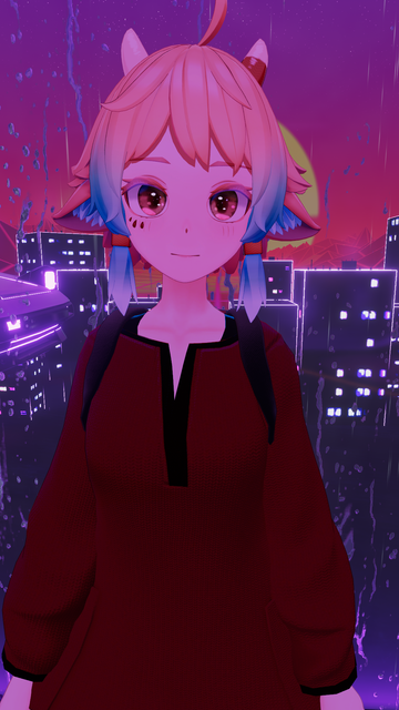 smiling me in a red dress in a synthwave world