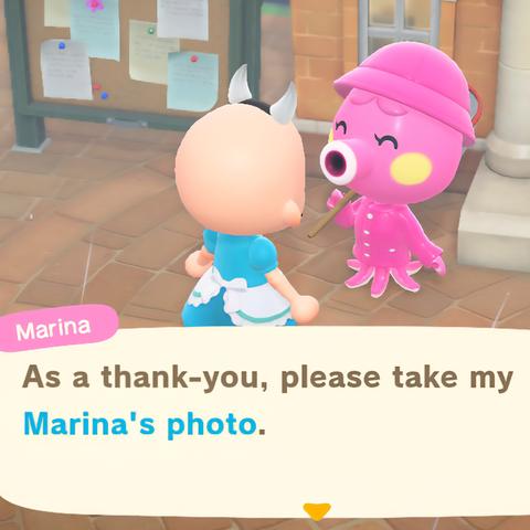 Animal Crossing: New Horizons screenshot. Set in the rain in town square, Marina (pink octopus) dressed in a pink rain hat and rain coat holding a bug net is talking to a bald, light skinned human in a blue fairy tale dress with white impish horns. Marina is saying, in a large white text box, "As a thank-you, please take my Marina's photo."