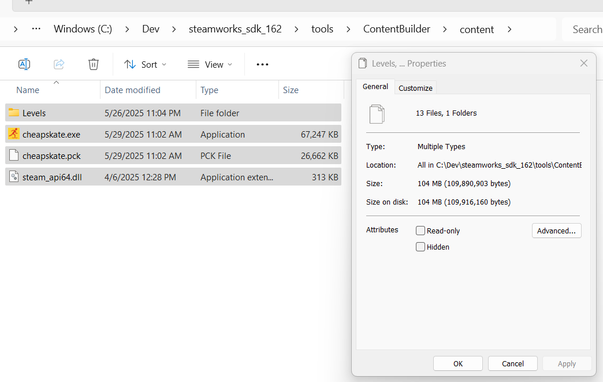 screenshot of game folder after cleanup, refactor, reorganization showing all files totaling around 104 megabytes now