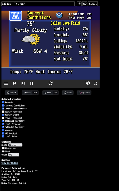 Screenshot of the app showing a weather report from Dallas, Tx.