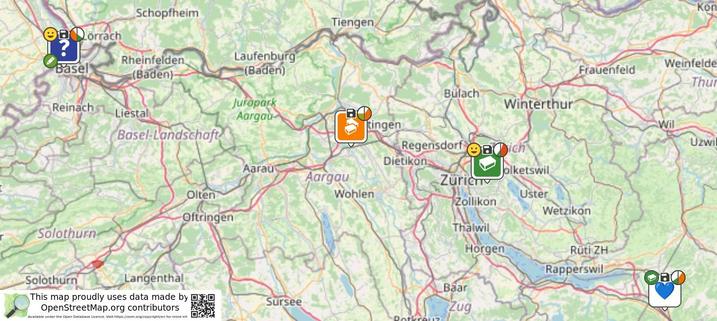 OSM Karte der nördlichen Schweiz mit den 4 Dornröschen Dosen.