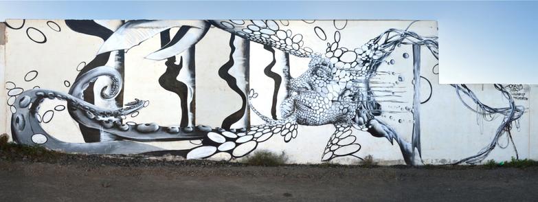 streetart mural in fuerteventura , canarian islands, by artist fabian zolar, abstract surrealism organism mural art , arte mural streetart en fuerteventura islas canarias del artista fabian zolar surealista