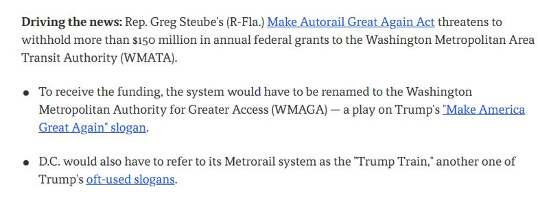 Driving the news: Rep. Greg Steube's (R-Fla.) Make Autorail Great Again Act threatens to withhold more than $150 million in annual federal grants to the Washington Metropolitan Area Transit Authority (WMATA).

To receive the funding, the system would have to be renamed to the Washington Metropolitan Authority for Greater Access (WMAGA) — a play on Trump's "Make America Great Again" slogan.
D.C. would also have to refer to its Metrorail system as the "Trump Train," another one of Trump's oft-used slogans.