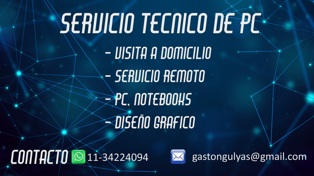 Servicio técnico de PC, visita a domicilio, servicio remoto, pc y notebooks, diseño gráfico. Contacto 011 34224094 - gastongulyas@gmail.com