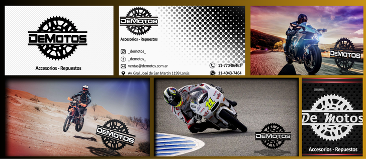 Tarjetas de presentación para "DeMotos", uncluyendo logo y diferentes fotografías de motocicletas.