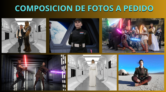 Muestra de fotos de actores posando como personajes de Star Wars, las fotos están retocadas para incluir sables laser, locaciones y personajes icónicos.
