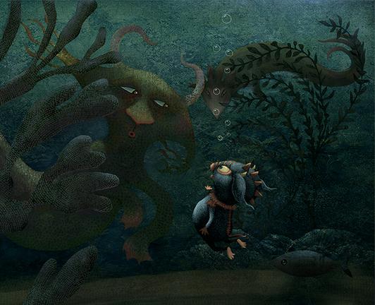 Deep under the lake, a little blue monster tries to carry on a conversation with another creature. Surrounded by
under water plants and fish and another watching swimmer in the distance.
