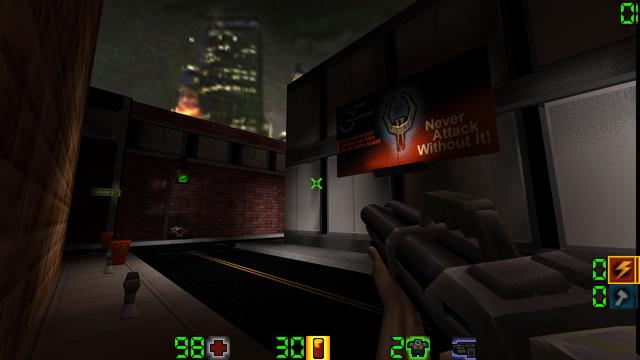 A street corner hosts a large advert for Quake 2's Quad Damage powerup, helpfully commenting, "never attack without it!"