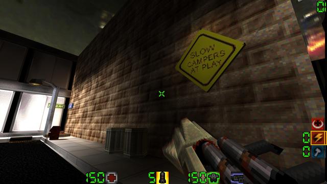 Another street corner hosts a fire hydrant and a couple metal trash cans. A yellow diamond-shaped sign on a brick wall reads, "Slow campers at play"