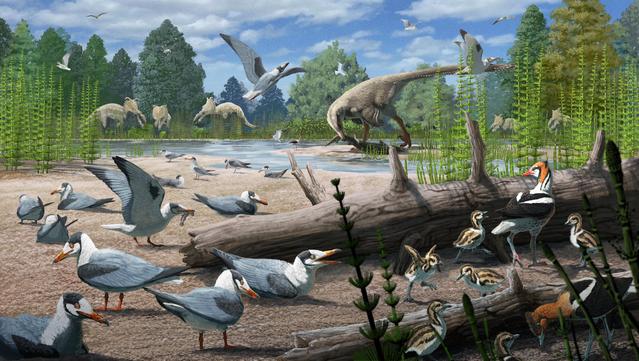 An illustration of Cretaceous Period birds with other dinosaurs from the same time period in the background. By Gabriel Ugueto