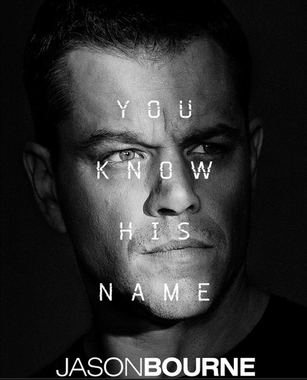 Cover image for the movie Jason Bourne, black and white portrait of actor Matt Damon with text: You know his name: Jason Bourne.