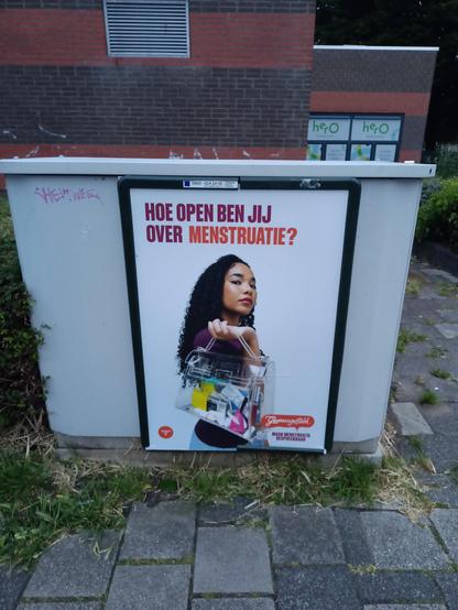 A PSA-style poster with a woman holding a see-through bag filled with period products. The Dutch text reads "How open are you about your menstruation?" and "Normalize talking about periods".