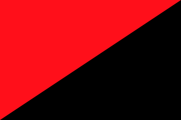 Flag diagonally divided into two equal triangles; the top-left triangle is red and the bottom-right triangle is black. This red-and-black flag symbolizes the anarcho-syndicalist and anarcho-communist movements, with black representing anarchism and red representing socialism and communism. The design reflects the unity of anarchist and socialist ideals within these movements.