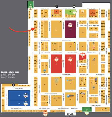 A map of the NEC Hall 2. A red arrow points to table 383 in the top-left corner of the hall.