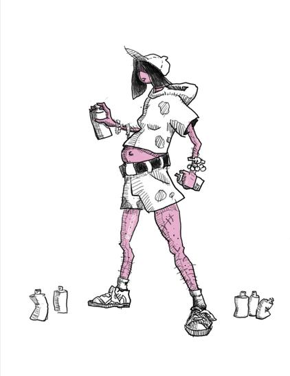 Digital drawing

Sketch of a person in stained shorts & shirt with hoodie, wearing sneakers & a cap and several bracelets. Shoulder length hair & eyes in the shadows. Spray cans in their hands & on the ground. 

Only skin is coloured (pink)