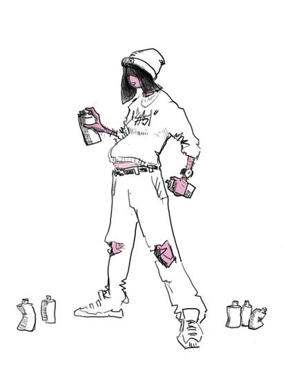 Digital drawing

Sketch of a person in long ripped pants & sweater with graffiti writing on it, wearing sneakers & a beanir and a watch. Shoulder length hair & eyes in the shadows. Spray cans in their hands & on the ground.

Only skin is coloured (pink)