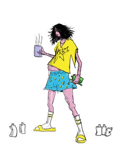 Digital drawing

Sketch of a person in blue boxershorts & yellow shirt with writing on it, wearing white socks & yellow beach slippers & a chain. Shoulder length greasy hair & eyes in the shadows. In one hand, a coffee cup, in the other a spray can & a toothbrush. Spray cans on the ground.