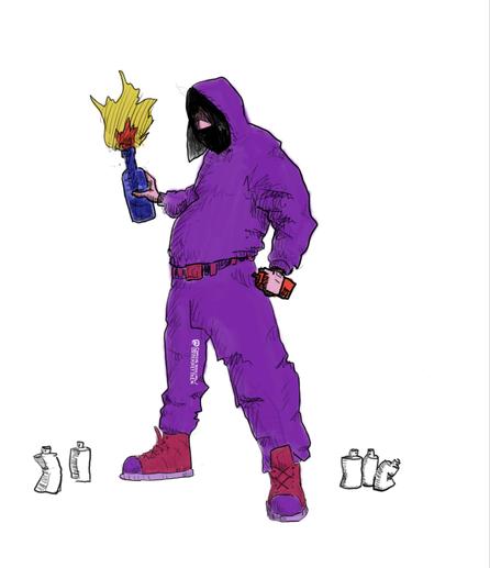 Digital drawing

Sketch of a person in a kind of snowsuit  with a hoodie, face covered, wearing boots. Shoulder length hair hanging out of the hoodie, eyes in the shadows. Molotov cocktail in one hand, spray can in the other. Spray cans in their hands & on the ground.

Coloured mainly in violet and red, bottle blue.