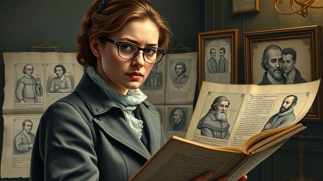 Historienne gérant une série de croquis représentant les costumes de différents métiers