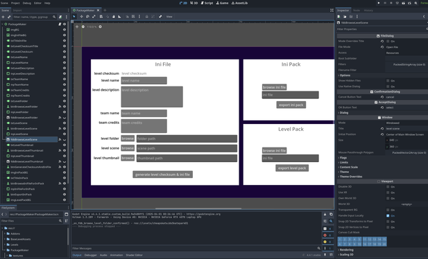 gui developement in godot editor for automating creation of level initialization files and for exporting the level ini pack and level pack easier with a button click