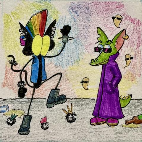 Drawing of a punk little gremlin dancing in some underground club while a tiny goblin in a purple trench coat and sunglasses looks on.