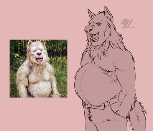 A sketch of a chubby werewolf based on a picture of werewolf costume by PaintYourDragon. He is jovial as he has his hands tucked into a pair of leather breeches.