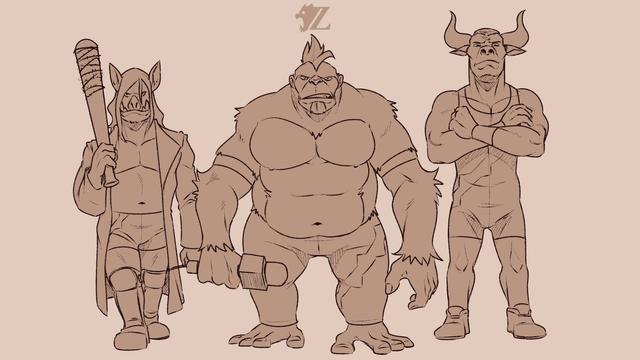 "Wyldin' Out," a stable of three wrestlers stand side to side. On the left is Emmett Yale, an anthropomorphic boar wearing square cut trunks, boots, and a trench coat holds a barbed wire-wrapped baseball bat on his shoulder. In the middle is Roderick Wyld, a gorilla who is the leader of the group, wearing a mohawk, tights, and holding a microphone. To the right is Allen Charger, the stoic and lithe bull who wears a singlet, a crew cut, and a scowl.