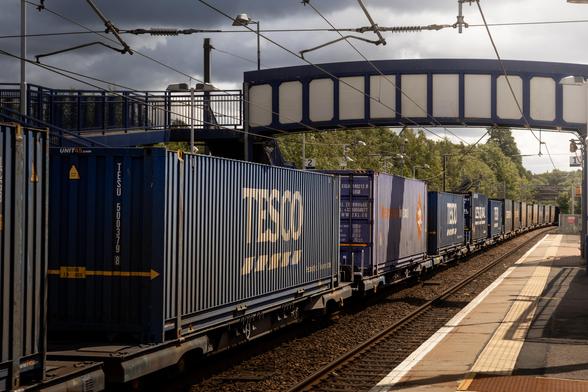 Intermodal train passing through Whifflet Station, towed by the Class 68 in a previous post - but only the containers are visible in this shot