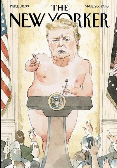 A naked man (Trump) standing behind a podium on a magazine cover. The magazine is The New Yorker, March 25, 2018.