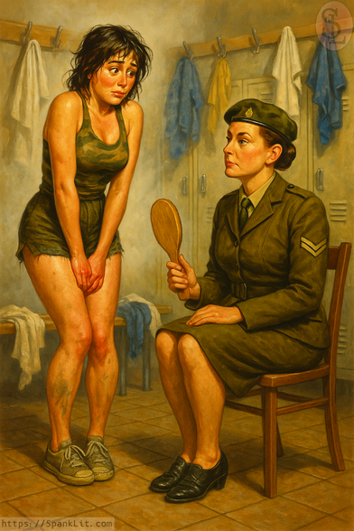 In a steamy locker-room, a cadet looks anxiously at her instructor who is holding a scary looking wooden paddle.