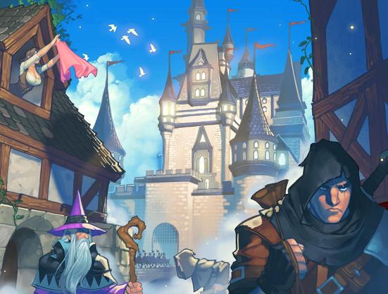 fantasy medieval cityscape with castle and fantasy archetype people in street. Art by Twisted Die Productions.
