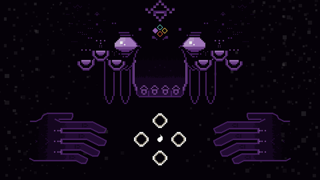 A head and hands of a monster in a dark space, with a small figure surrounded by four diamonds in the middle